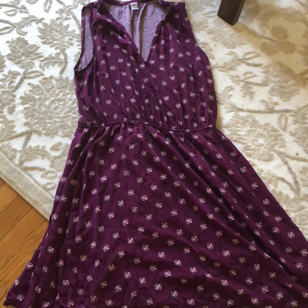 Plum and floral dress.